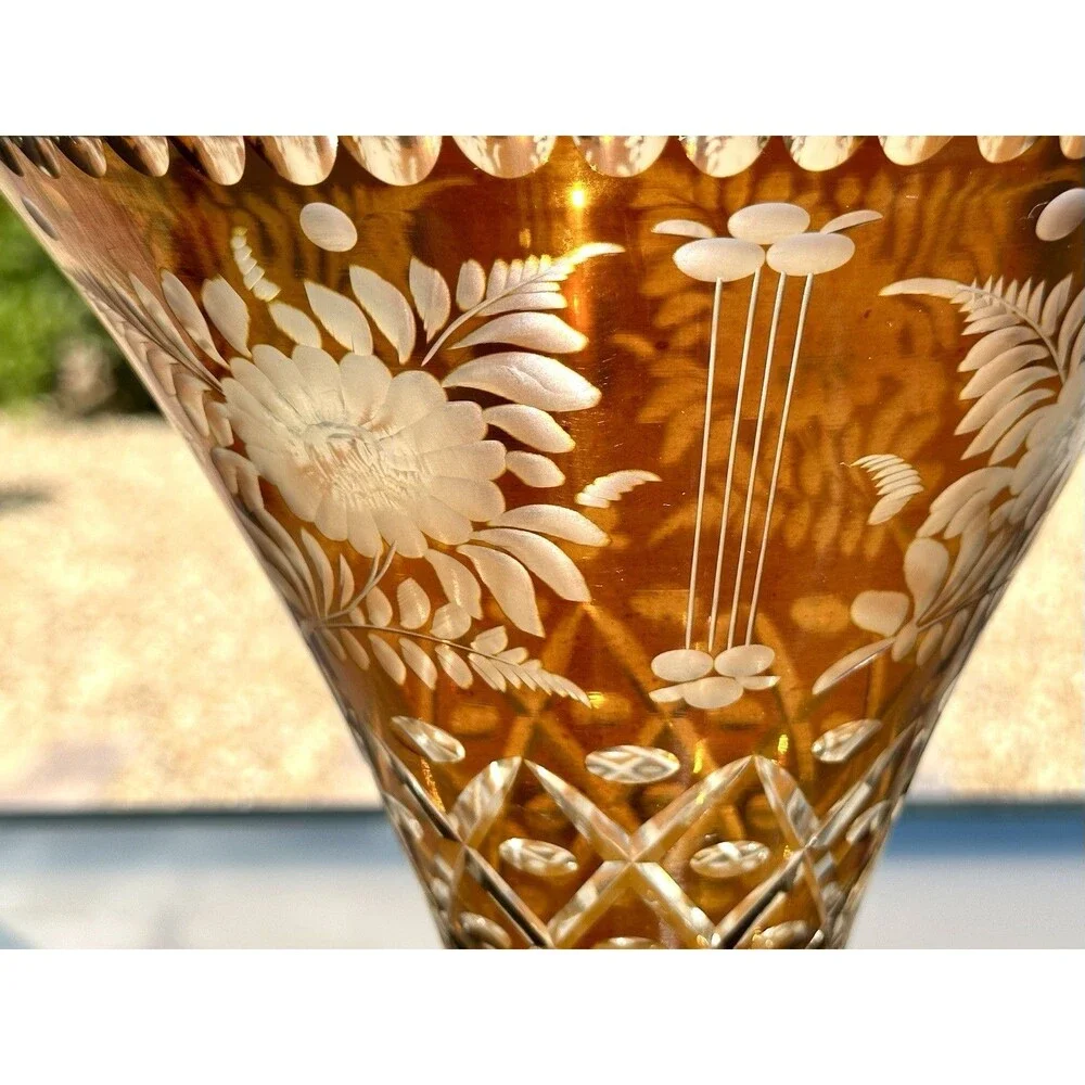 Vintage Bohemian Amber Flash Cut to Clear Glass Vase " Floral Engraved Czech - Picture 13 of 16